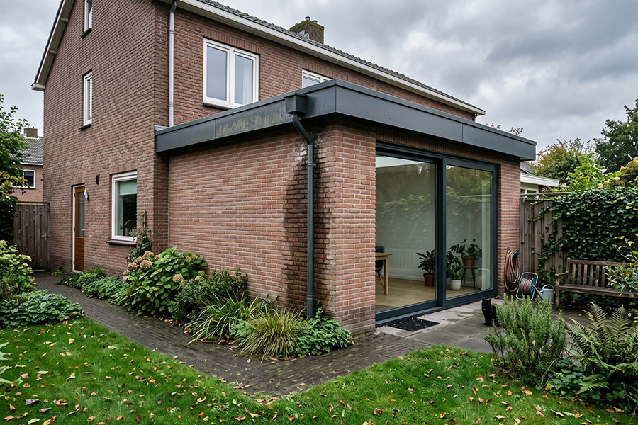 Aanbouw met plat dak aan de achterzijde van een woning, met de regenafvoer langs het metselwerk