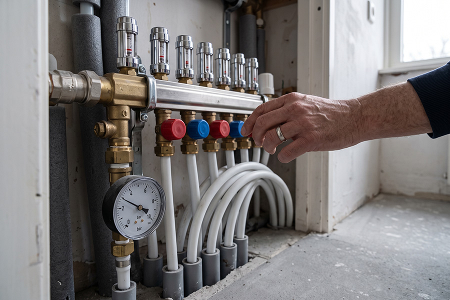 Manometer op een vloerverwarmingsverdeler, met een hand aan een ventiel