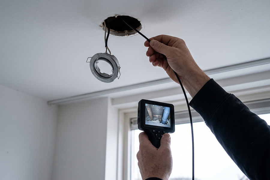 Specialist voert een inspectiecamera door een spotsparing en bekijkt op het schermpje de leidingen boven het plafond