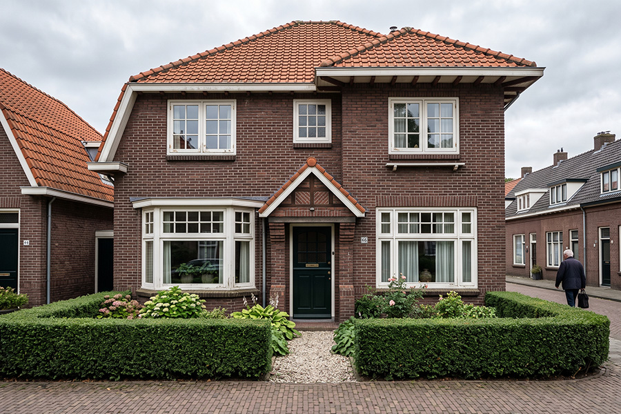 Vrijstaande jaren 30-woning in donkere baksteen met erker, pannendak en een geschoren haag