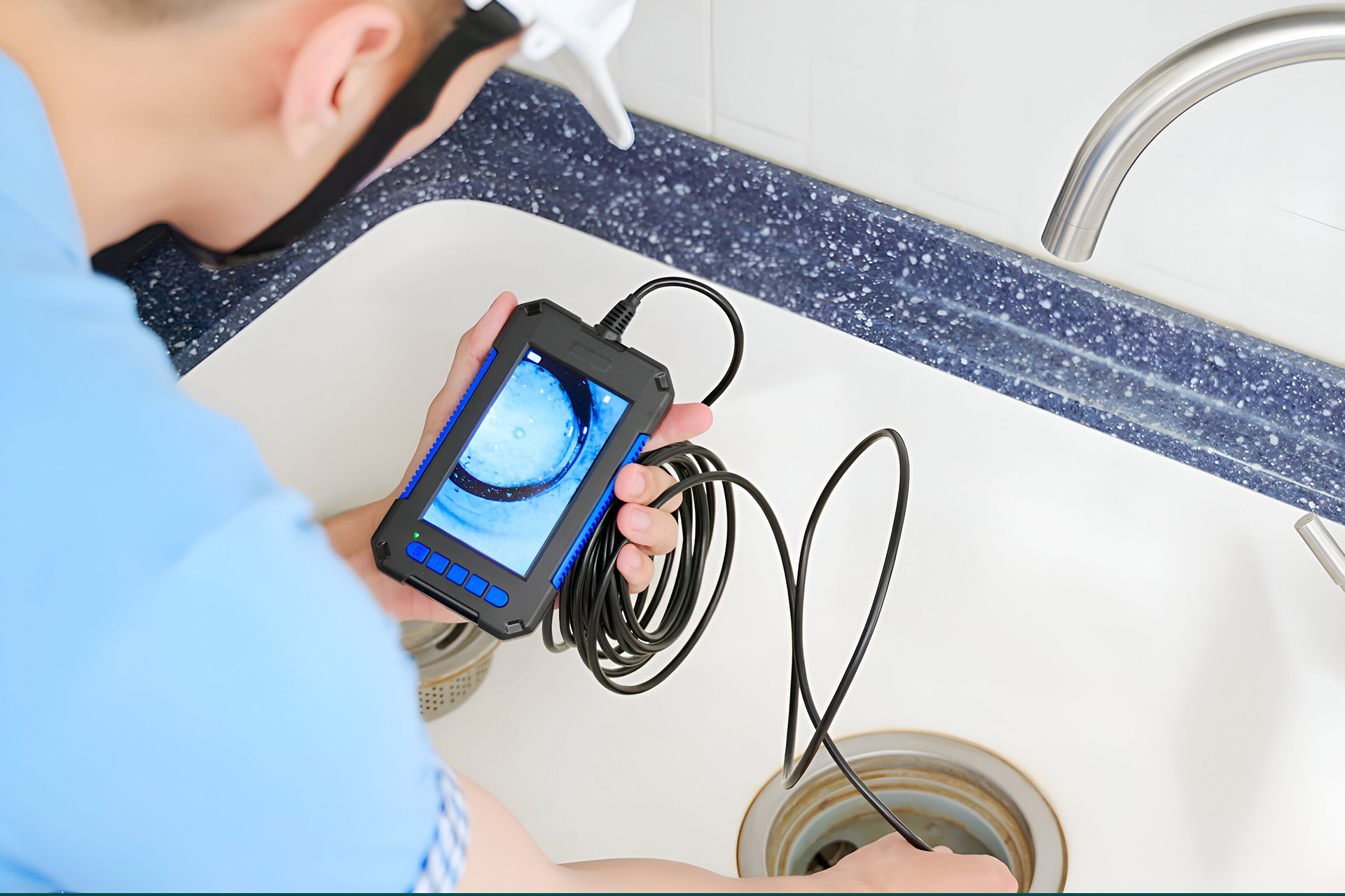 Monteur bekijkt met een inspectiecamera de afvoer van een wastafel