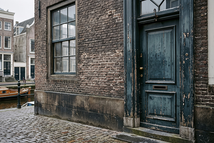 Oude binnenstadsgevel aan een gracht, met verweerd metselwerk en een natuurstenen plint