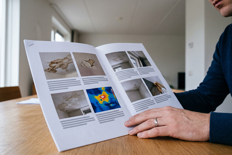 Opengeslagen schaderapport met foto's van vochtplekken en een warmtebeeld