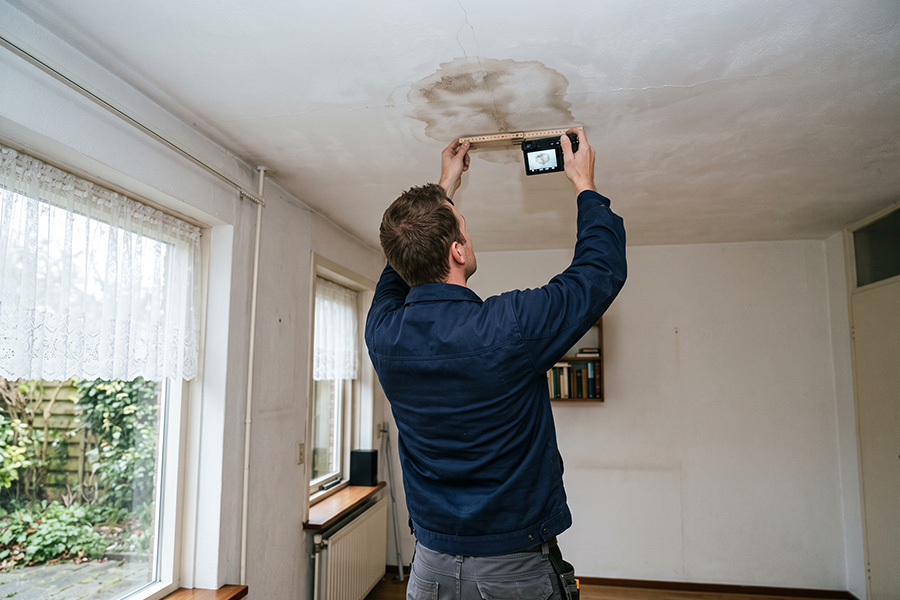 Specialist fotografeert een vochtplek in een plafond en houdt er een duimstok naast voor de maat