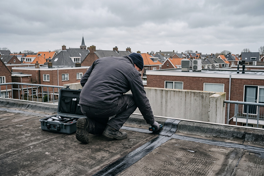 Specialist meet geknield de naad van een plat dak met een vochtmeter, naast een open koffer meetapparatuur