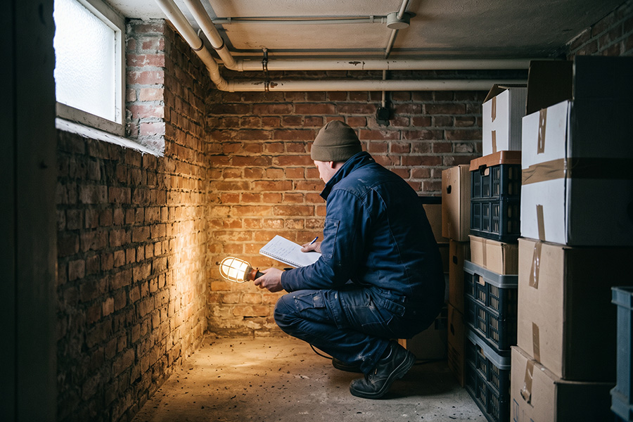Specialist schijnt met een werklamp langs de onderkant van een kelderwand en maakt aantekeningen