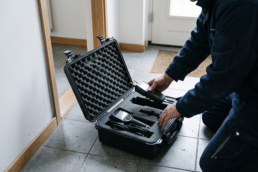 Specialist neemt een meetinstrument uit een koffer in de hal van een woning