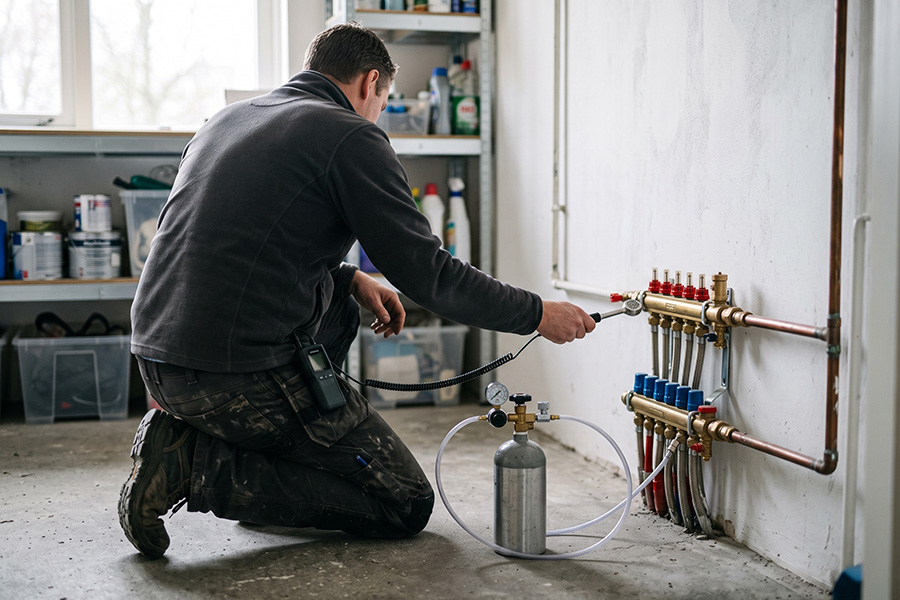 Specialist sluit een fles traceergas aan op een vloerverwarmingsverdeler en zoekt met een detector het lek