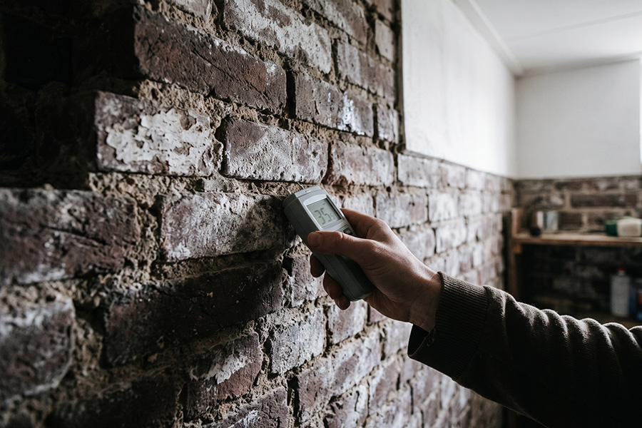 Hand met een vochtmeter tegen het uitgebloeide metselwerk van een kelderwand