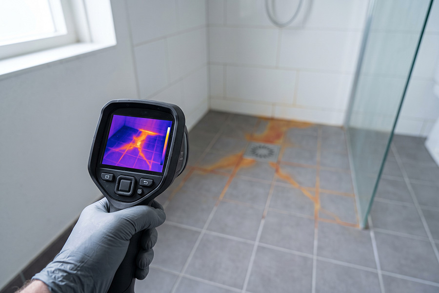 Warmtebeeldcamera gericht op een badkamervloer, waar het water langs de voegen naar de doucheput loopt